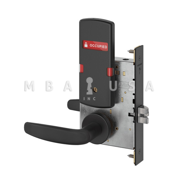 Schlage Grade 1 Bed Bathroom Privacy Mortise Lock, 07 Lever, A Rose, Indicator displays w/ Text, Exterior Indicator displays "VACANT/OCCUPIED", Flat Black Coated, Field Reversible (L9040 07A 622 OS-OCC)