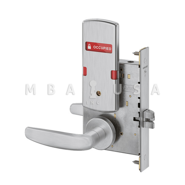 Schlage Grade 1 Bed Bathroom Privacy Mortise Lock, 07 Lever, A Rose, Indicator displays w/ Text, Exterior Indicator displays "VACANT/OCCUPIED", Satin Chrome, Field Reversible (L9040 07A 626 OS-OCC)