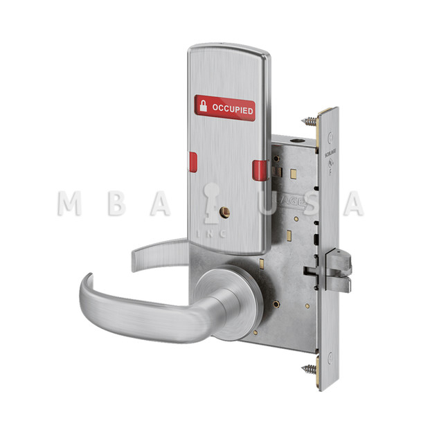 Schlage Grade 1 Bed Bathroom Privacy Mortise Lock, 17 Lever, A Rose, Indicator displays w/ Text, Exterior Indicator displays "VACANT/OCCUPIED", Satin Chrome, Field Reversible (L9040 17A 626 OS-OCC)