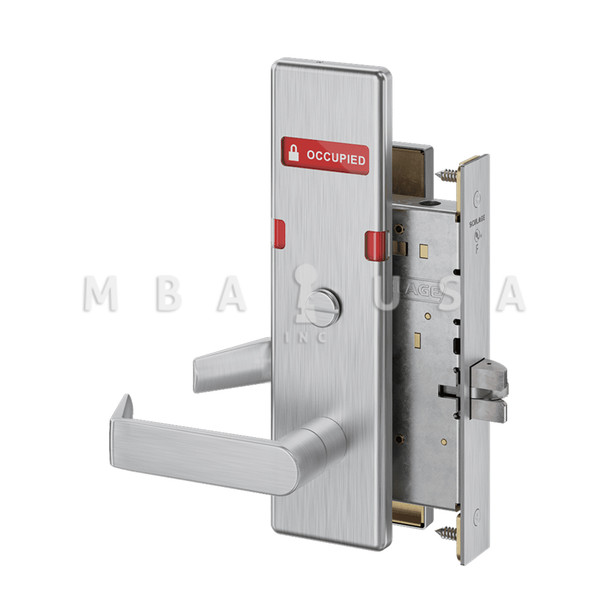 Schlage Grade 1 Privacy w/ Coin Turn Mortise Lock, 06 Lever, N Escutcheon, Exterior Indicator Displays "VACANT/OCCUPIED", Satin Chrome, Field Reversible (L9044 06N 626 OS-OCC)