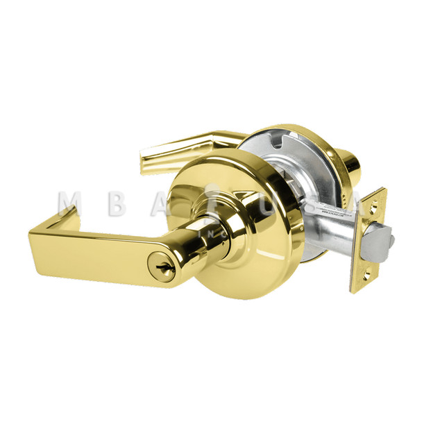 Schlage Grade 1 Electrified Cylindrical Lock, Storeroom Function, 12/24 VDC, Fail Secure, 2-3/4" Backset, Rhodes Lever, Bright Brass (ND80PDEU RHO 605)
