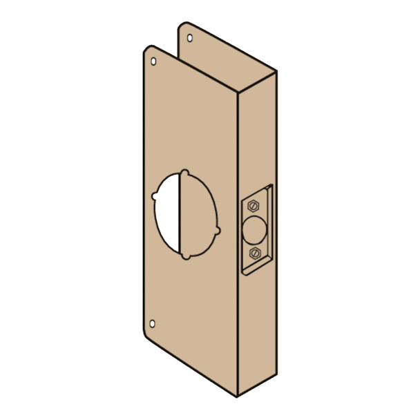 Don-Jo Wrap Around Plate, 22 Gauge Steel, 4-1/4" by 9", 2-1/8" Hole for Cylindrical Lock, for 1-3/8" Door with 2-3/4" Backset, Bright Brass Finish (3-PB-CW) Don-Jo Wrap Around Plate, 22 Gauge Steel, 4-1/4" by 9", 2-1/8" Hole for Cylindrical Lock, for 1-3/8" Door with 2-3/4" Backset, Bright Brass Finish (3-PB-CW)