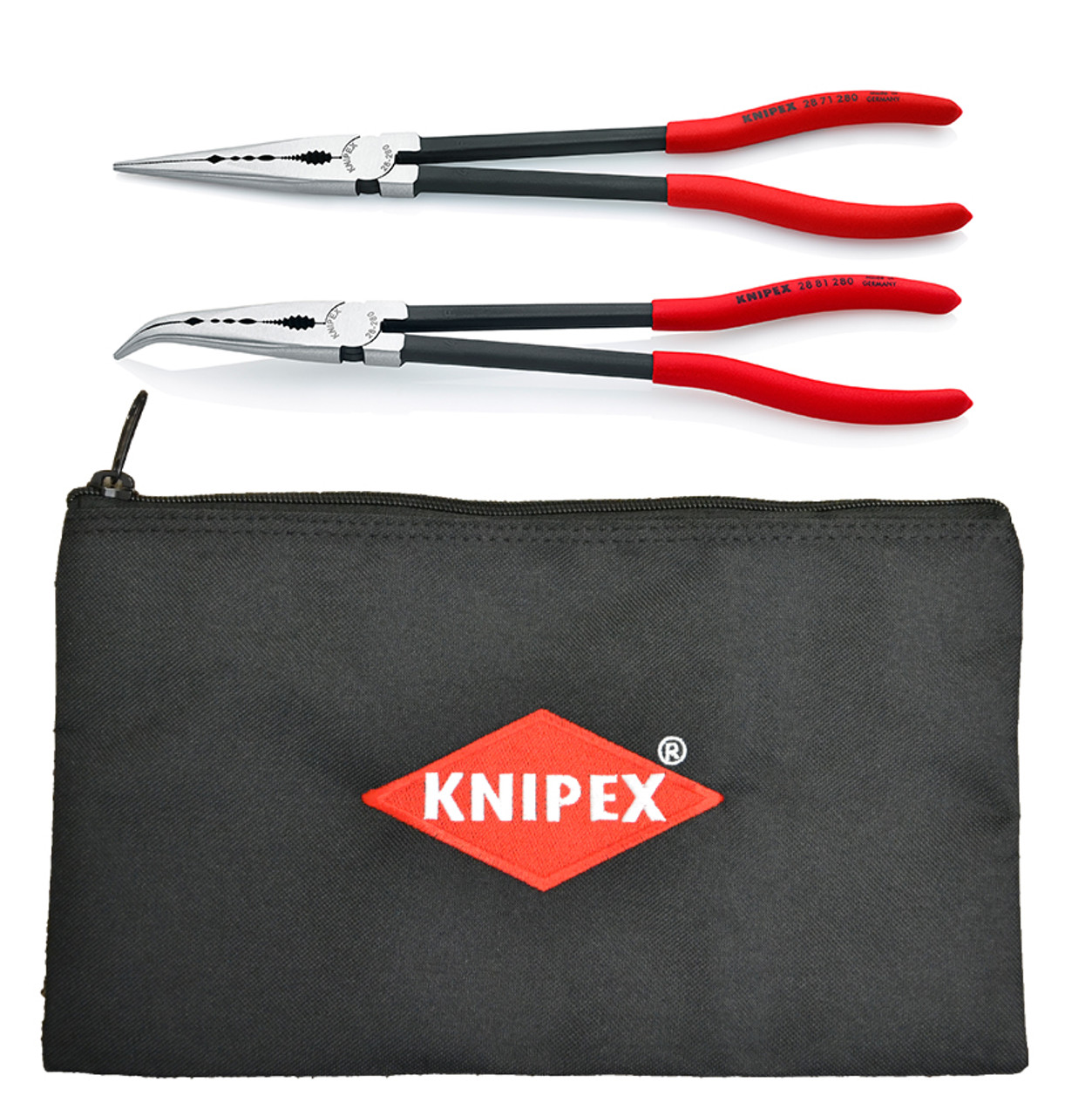 Knipex 9K 00 80 128 US KN, 2 Pc Extra Long Needle Nose Pliers Set w/  Keeper Pouch (28 71 280, 28 81 280 and 9K 00 90 12 US)
