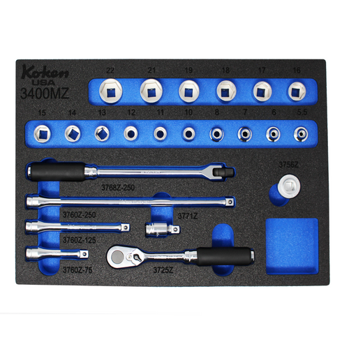 Ko-ken Z-Series Set in Foam PM-HND-1004-00-F | 3/8" Sq. Dr. Socket and Accessories Set Metric with 72T Ratchet