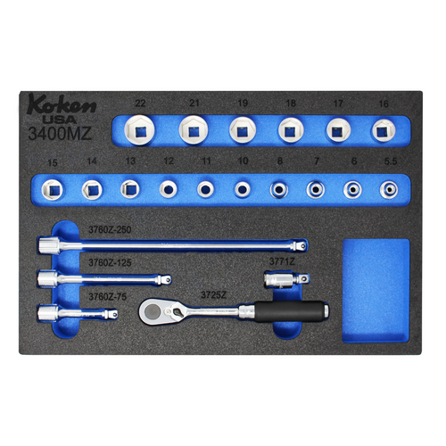 Ko-ken Z-Series Set in Foam PM-HND-1002-00-F | 3/8" Sq. Dr. Socket and Accessories Set Metric with 72T Ratchet