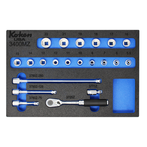 Koken Set of 21 3/8 in Square Drive Z-Series Metric Socket with 72 Teeth Ratchet and Foam - PM-HND-1002-00-F