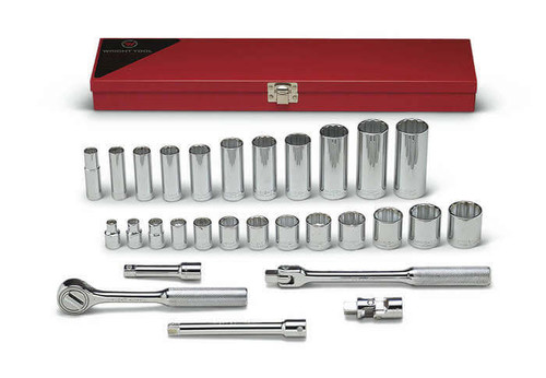 Wright Tool 29 Piece 3/8 in Drive Metal Boxed 12-Point Standard and Deep SAE Socket Set, 1/4 - 1 in