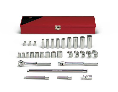 Wright Tool 32 Piece 3/8 in Drive Metal Boxed 8, 12-Point Standard, Deep and Flex SAE Socket Set