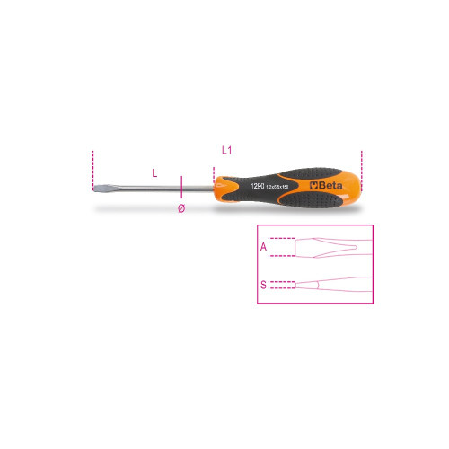 Beta Tools Slotted Screwdriver, INOX Stainless Steel, 3mm Tip, OAL 75mm