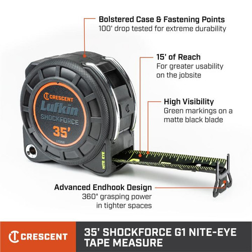 LUFKIN 1-3/16 in x 35 ft Shockforce Nite Eye G1 Dual Sided Tape Measure