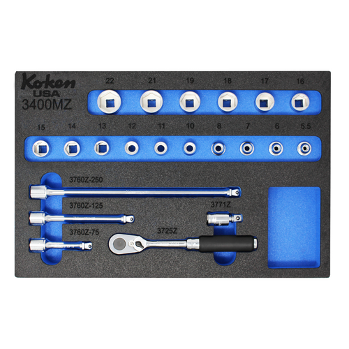 Ko-ken Z-Series Set in Foam PM-HND-1002ZB  | 3/8" Sq. Dr. Metric Socket Set with 72T Quick-Release Ratchet