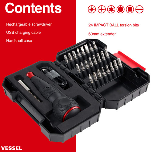 Vessel Tools Rechargeable Ball Grip Screwdriver with 25 Piece Bits