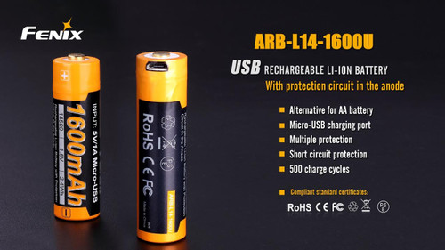 Fenix 14500 USB Rechargeable Battery, 1600mAh