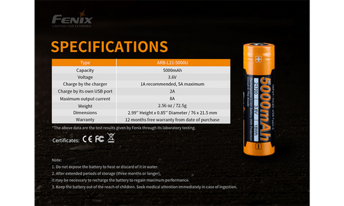 Fenix 21700 USB-C Rechargeable Battery, 5000mAh