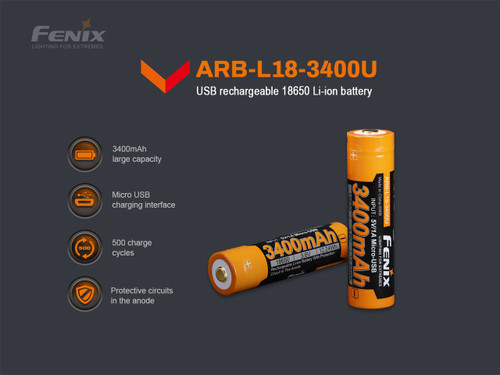 Fenix 18650 USB Rechargeable Battery, 3400mAh