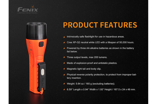Fenix 200 Lumen AA Intrinsically Safe Flashlight