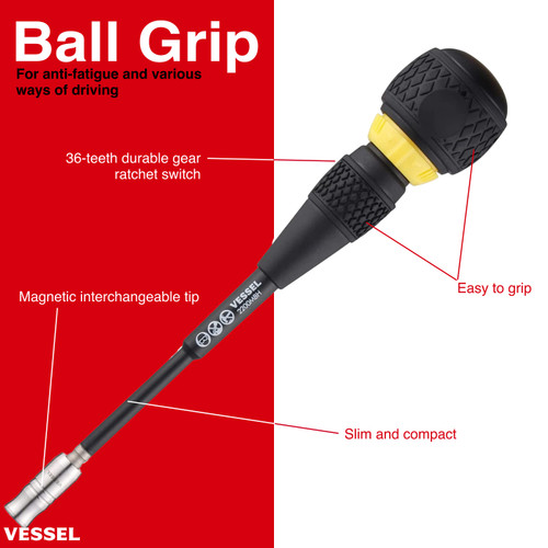 Vessel Tools Ball Ratchet Interchangeable Screwdriver, PH2 x 30mm