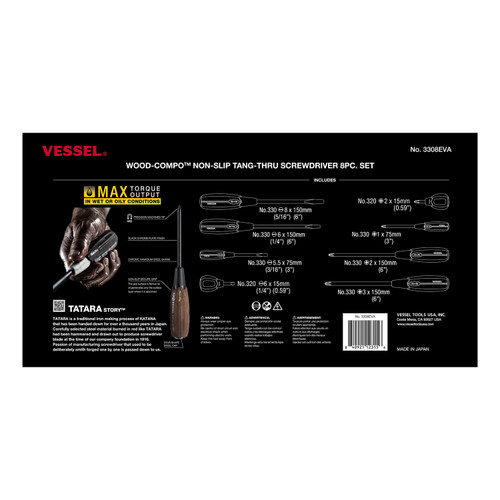 Vessel Tools Set of 8 Wood-Compo Non-Slip Tang-Thru Screwdriver
