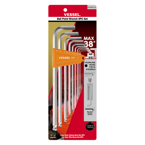 Vessel Tools Set of 9 Ball Point Long Wrench, 1/16 - 3/8 in