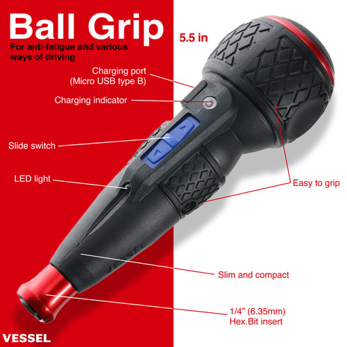 Vessel Tools e-Assist Rechargeable Ball Grip Higher Torque Screwdriver