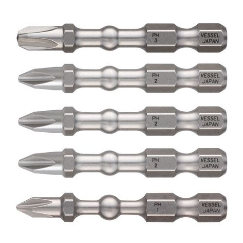 Vessel Tools Set of 5 Impact Ball Torsion Bit with Magnetic Charge Holder, PH1(1), PH2(3), PH3(1) x 50mm