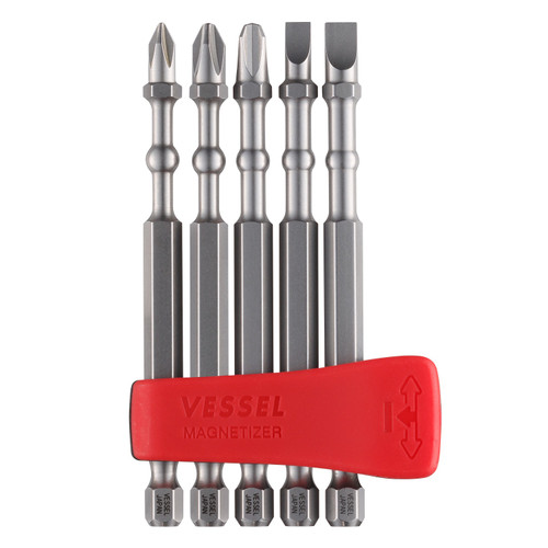 Vessel Tools Set of 5 Impact Ball Torsion Bit with Magnetic Charge Holder, PH1, PH2, PH3, Slotted4, Slotted6 x 90mm