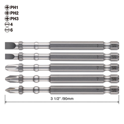 Vessel Tools Set of 5 Impact Ball Torsion Bit with Magnetic Charge Holder, PH1, PH2, PH3, Slotted4, Slotted6 x 90mm
