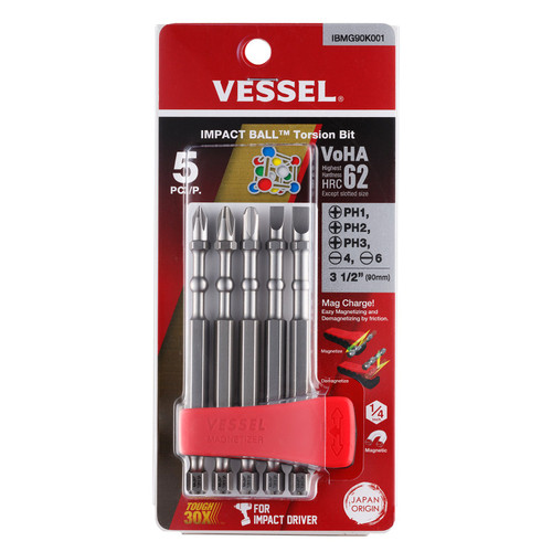Vessel Tools Set of 5 Impact Ball Torsion Bit with Magnetic Charge Holder, PH1, PH2, PH3, Slotted4, Slotted6 x 90mm