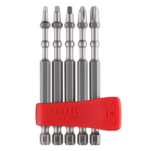 Vessel Tools Set of 5 Impact Ball Torsion Bit with Magnetic Charge Holder, PH2, PH3, SQ1, SQ2, SQ3 x 90mm