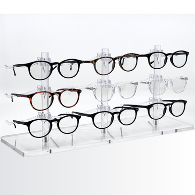 Triple Optical Frame Display Risers with 3x3 Y-Clips in a Row.