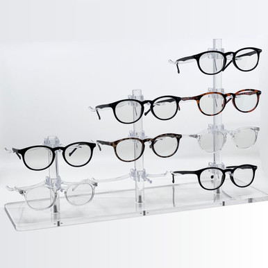 Triple Optical Frame Display Risers with 1x 2-3-4 Y-Clips in a Row.