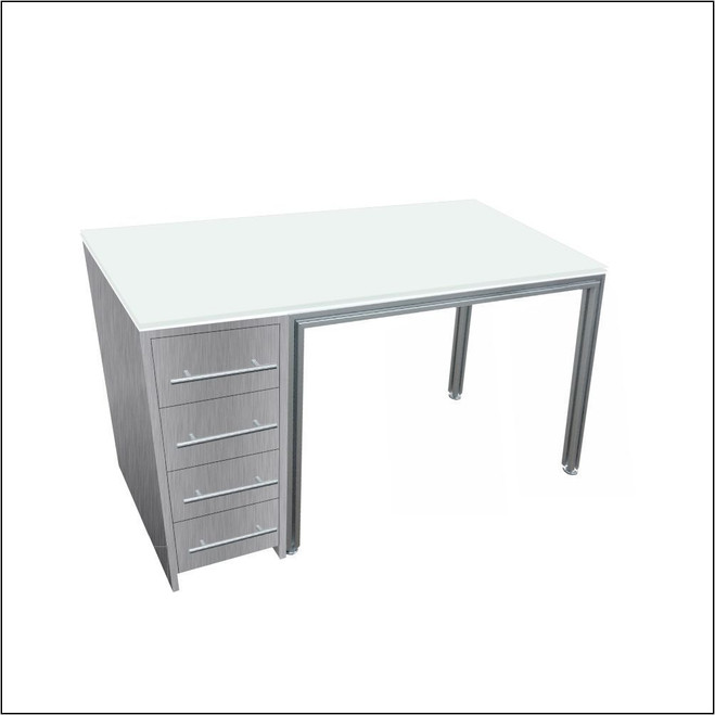 Optical Dispensing Table With Aluminum Structure, Brushed-Silver Cabinet with Four Drawers