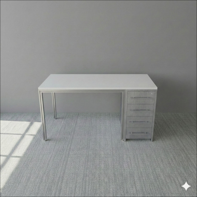 Optical Dispensing Table With Aluminum Structure, Brushed-Silver Cabinet with Four Drawers