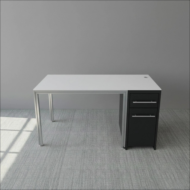 Optical Dispensing Table With Aluminum Structure, Black Wooden Cabinet and Computer Station.