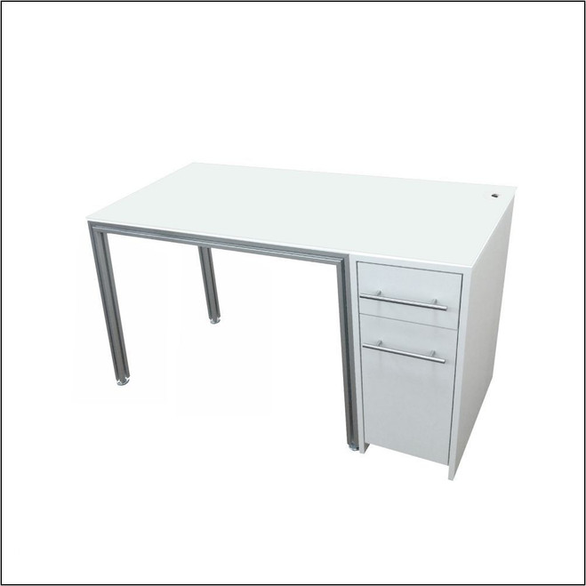 Optical Dispensing Table With Aluminum Structure, White Wooden Cabinet and Computer Station.