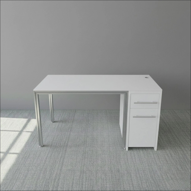 Optical Dispensing Table With Aluminum Structure, White Wooden Cabinet and Computer Station.