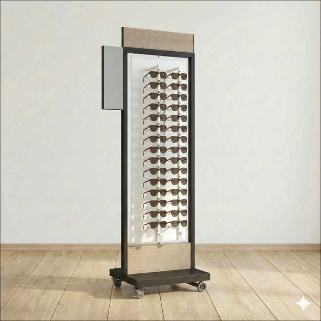 Floor-Top "Basalt" Locking Optical Frame Display,  For 64 Frames - Black