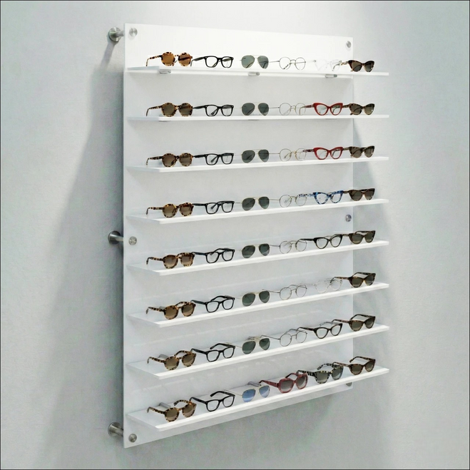 DW Wall Mount Optical Shelf Display with 8 Open Shelves - 36.5" Wide
