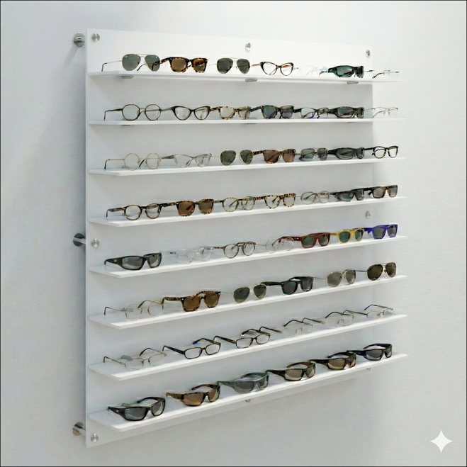 DW Wall Mount Optical Shelf Display with 8 Open Shelves - 47.5" Wide