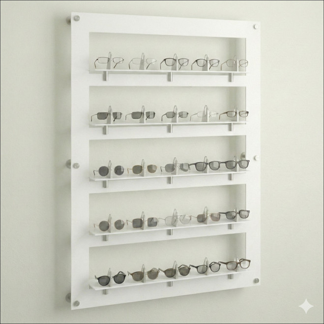 DW Wall Mount Optical Shelf Display with 5 Cutout Lockable Shelves - 36.5" Wide