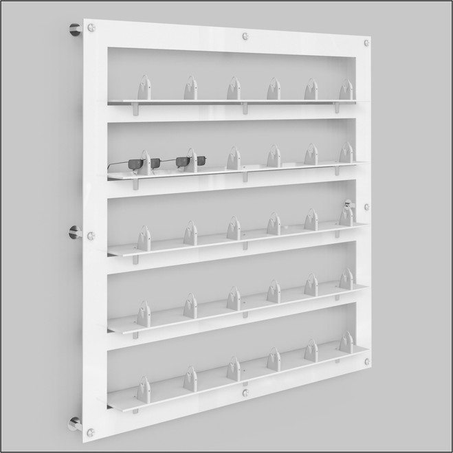DW Wall Mount Optical Shelf Display with 5 Cutout Lockable Shelves - 47.5" Wide