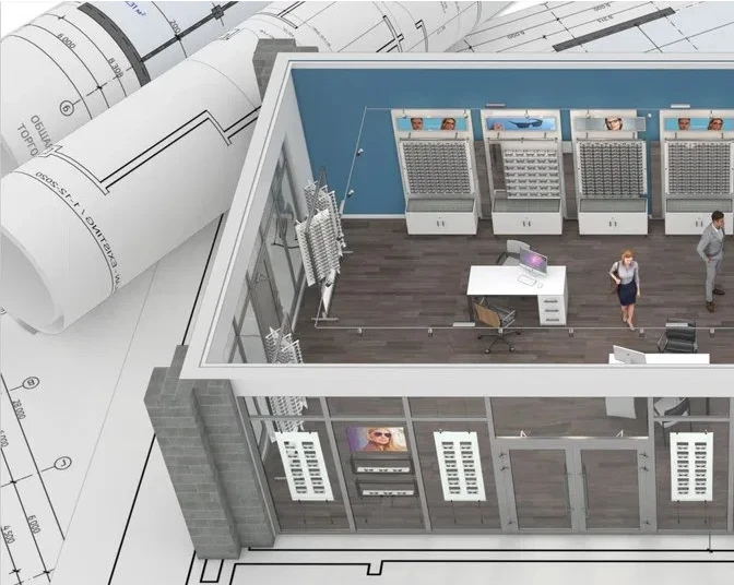 A 3D cutaway floor plan of an optical practice, showing the dispensary layout, frame walls, and patient flow through the space.