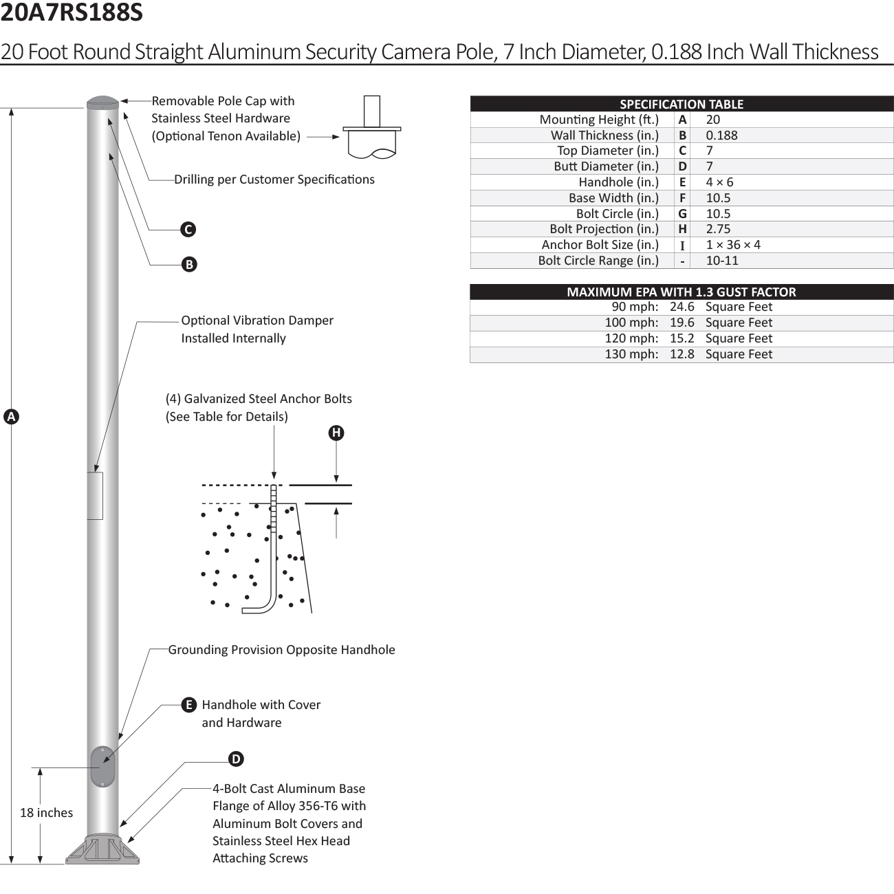 20 Foot Round Straight Aluminum Security Camera Pole, 7 Inch Diameter, 0.188 Inch Wall Thickness