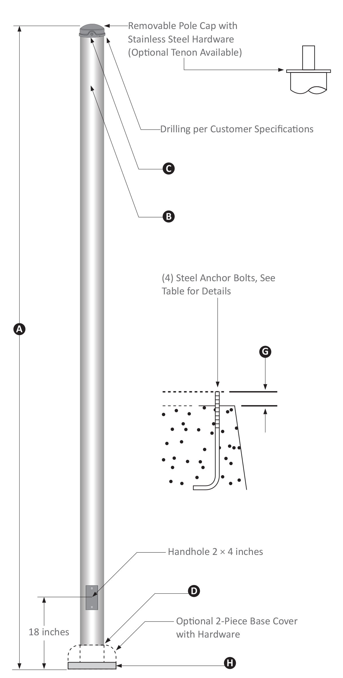 Round Aluminum Light Pole, 8-14 Foot, 3 Inch Diameter, Anchor Base, Quick Ship