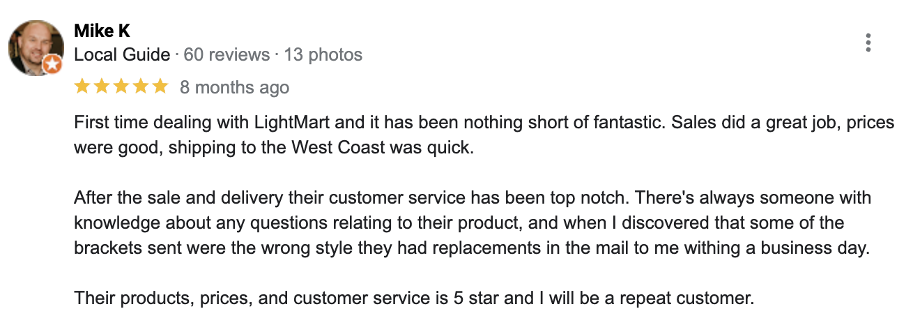 Reviews Referring to how fast LightMart Delivers