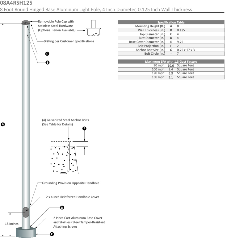 8 Foot Round Hinged Base Aluminum Light Pole, 4 Inch Diameter, 0.125 Inch Wall Thickness Dimensional Drawing