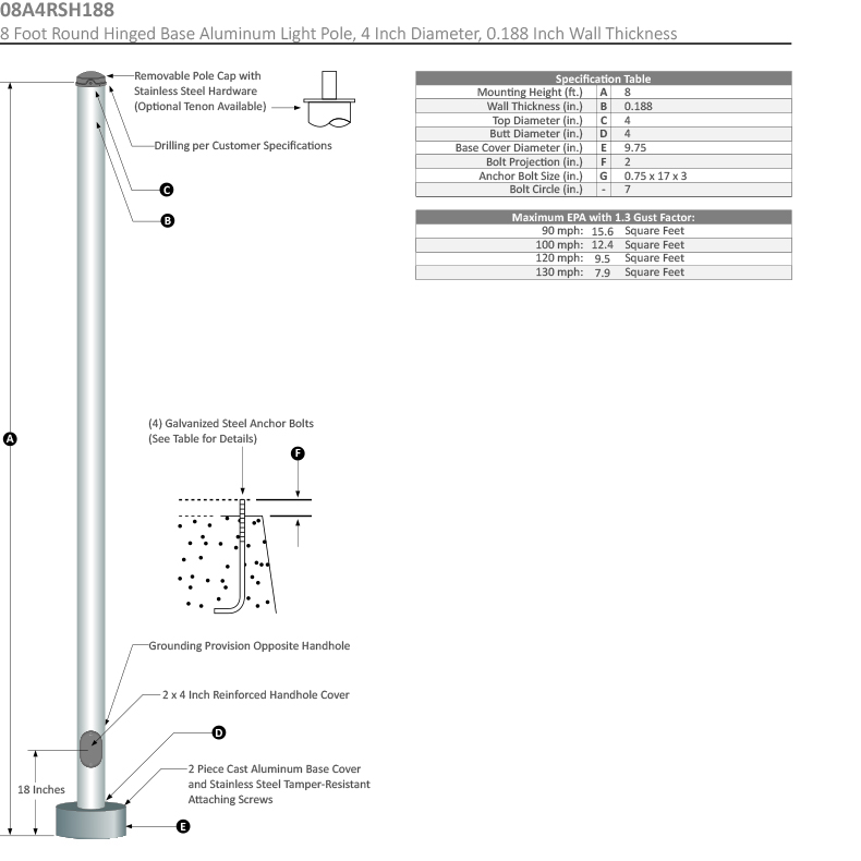 8 Foot Round Hinged Base Aluminum Light Pole, 4 Inch Diameter, 0.188 Wall Thickness Dimensional Drawing