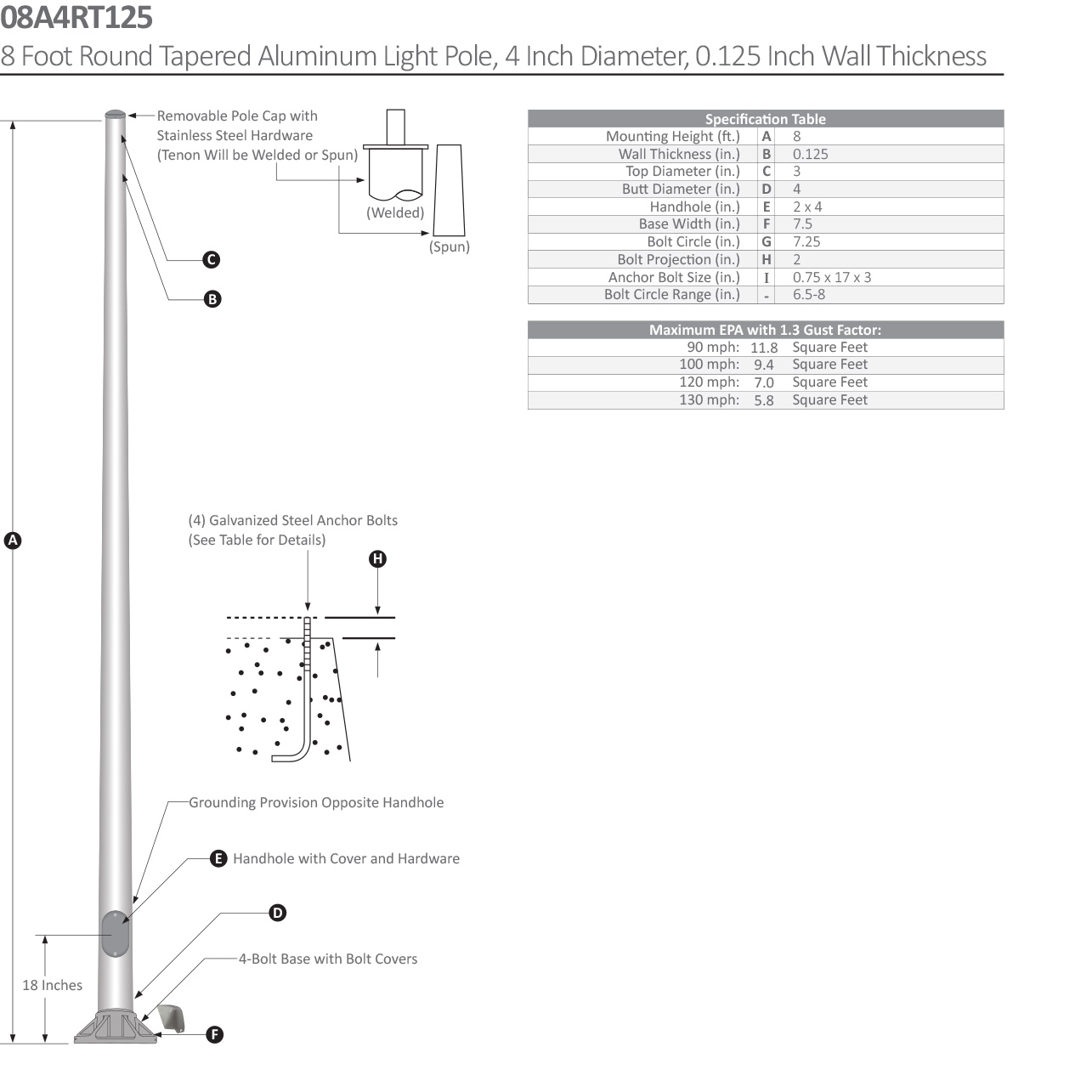 8 Foot Round Tapered Aluminum Light Pole Dimensional Drawing