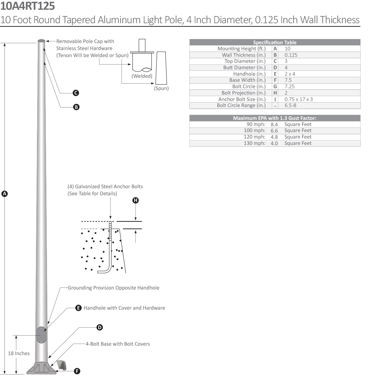10 Foot Round Tapered Aluminum Light Pole Dimensional Drawing