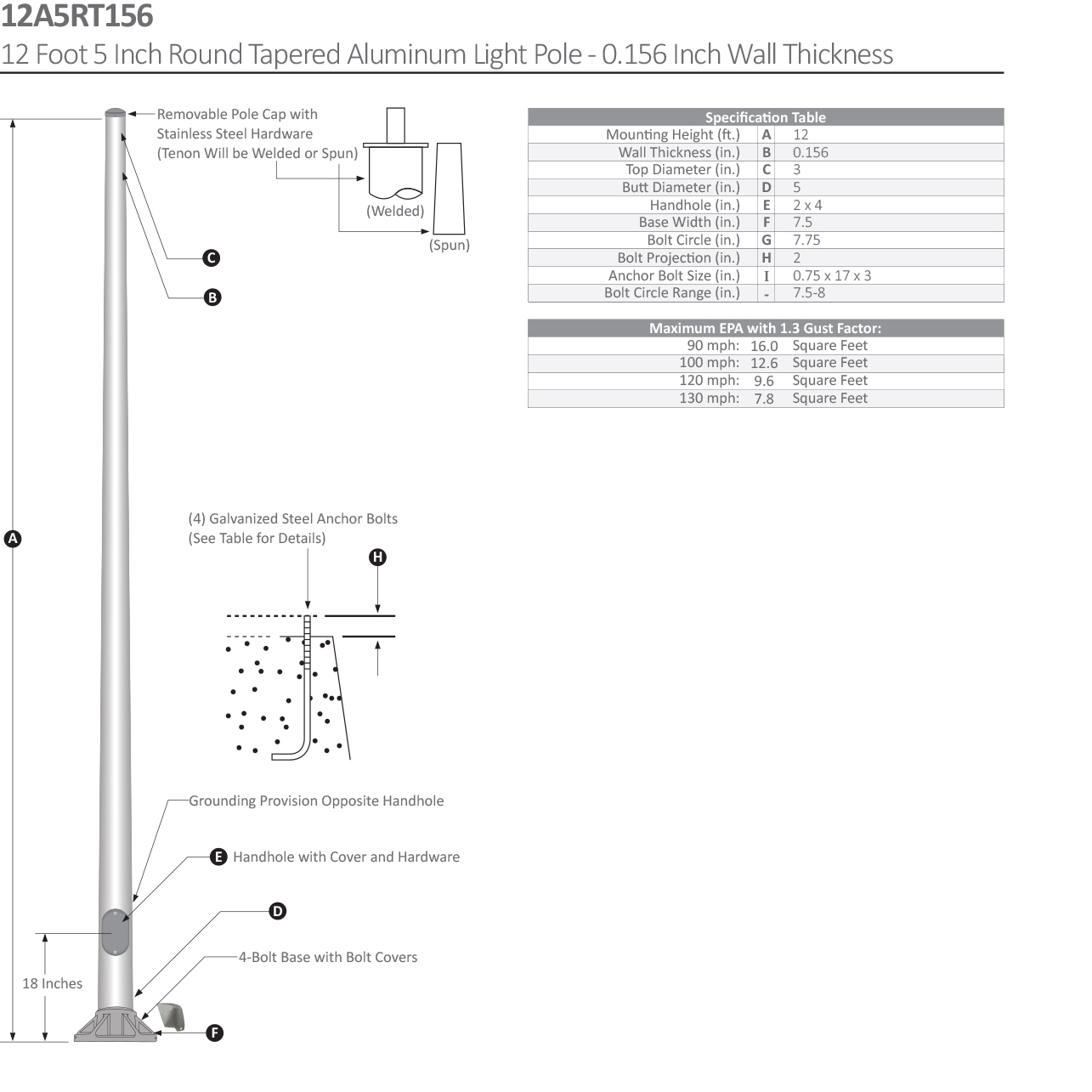 12 Foot 5 Inch Round Tapered Aluminum Light Pole Dimensional Drawing